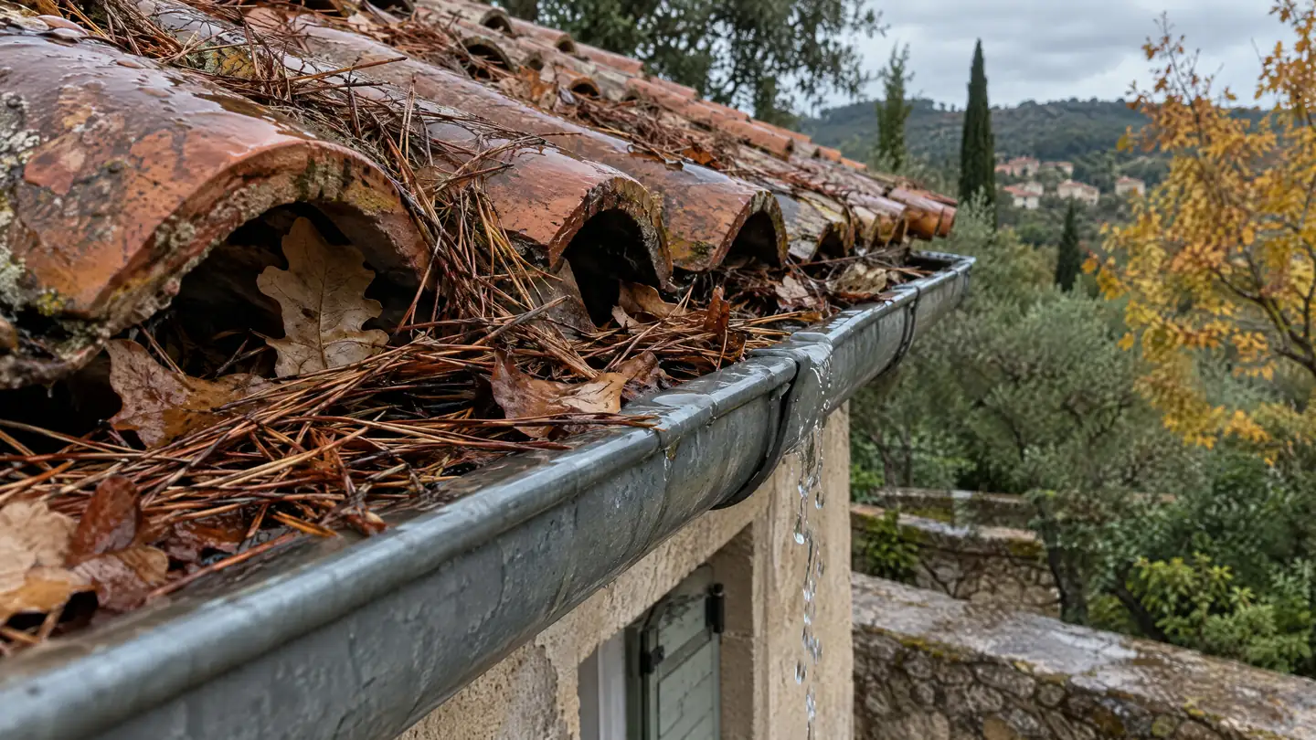 Gouttière bouchée à Grimaud : aiguilles de pin, nettoyage et prix